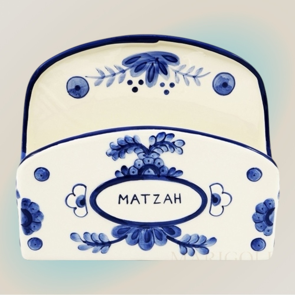Hand Painted White and Blue Matzah Holder, Delft Design